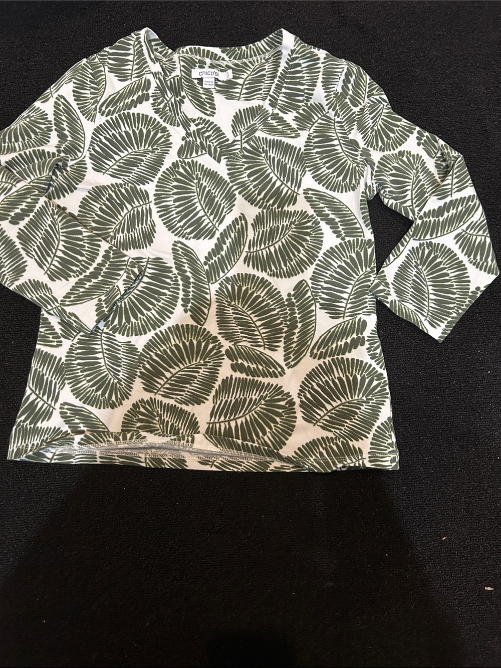 Chico's Green Leaf-Print Long Sleeve V-Neck Top